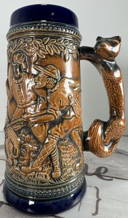 Vintage Gerz German Beer Stein Fox Handle Wild Boar Hunting scene