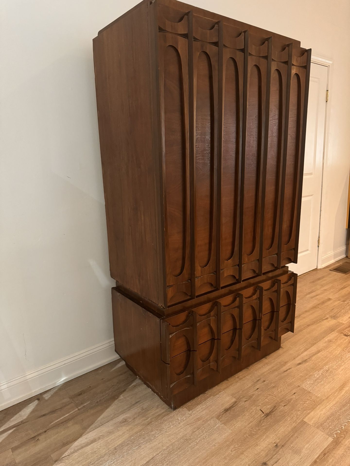 Tobago Brutalist Midcentury Walnut Armoire Highboy Dresser