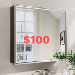 30 in W x 26 in H Brush Nickel Rectangular Aluminum Medicine Cabinet with Beveled Mirror, Recessed or Surface $ 100