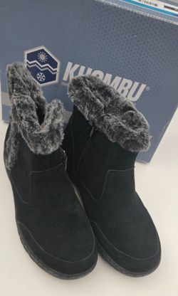 New in box Khombu Jessica Khombu all-weather faux-fur cuffs black suede ankle boots featuring a side zipper and a cozy faux-fur collar, typically weat