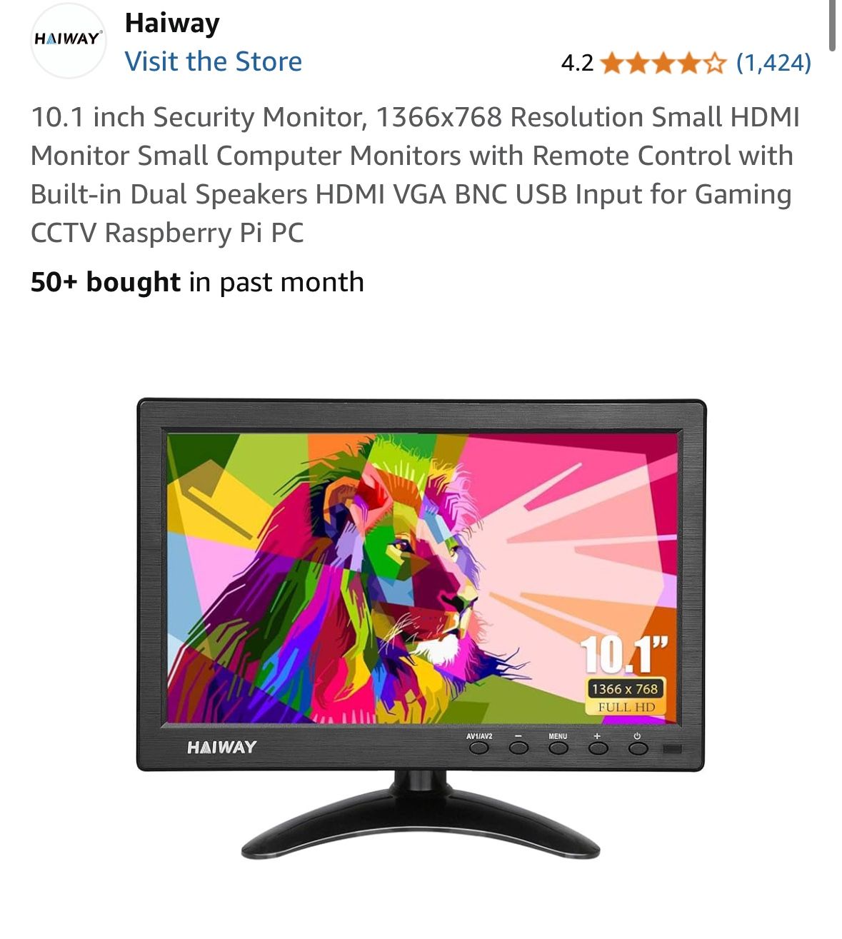 10.1 inch Security Monitor, 1366x768 Resolution Small HDMI Monitor Small Computer Monitors with Remote Control with Built-in Dual Speakers HDMI VGA BN