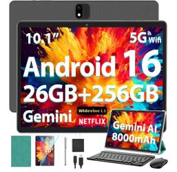10 Inch Tablet with Keyboard, Gemini AI Android 16 Tablet with 26GB+256GB 2-in-1 AI Tablet with Octa-Core, 5G WiFi, 8000mAh, Widevine L1, GMS, Electro