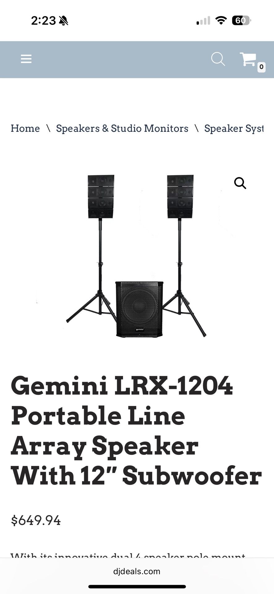Gemini LRX-1204 Portable Line Array Speaker With 12" Subwoofer