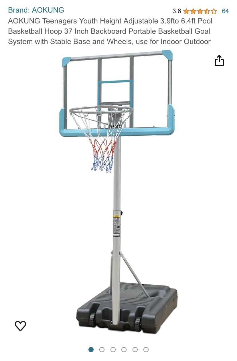 AOKUNG Teenagers Youth Height Adjustable 3.9fto 6.4ft Basketball Hoop 37” Indoor/Outdoor New In Box