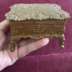 Vintage Antique Ornate Footed Gold tone Trinket Box Heavy 