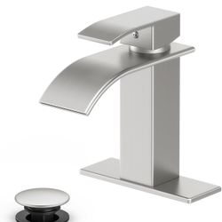 New Bathroom Faucet Brushed Nickel Modern Waterfall Bathroom Sink Faucet with Single Handle Suitable for 1 or 3 Holes,Supply Deck Plate and Hose