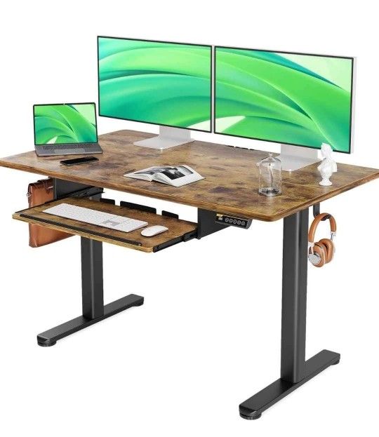 🔥🔥 Electronic Adjustable Standing Desk with Keyboard Tray, Hook, Memory 48 inches, Rustic Brown