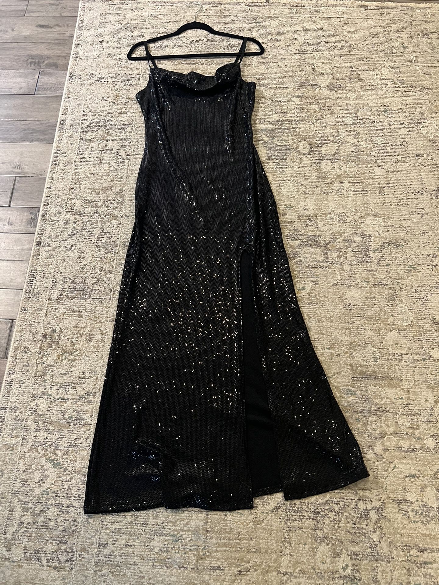 black sequined maxi dress by Jump Apparel, featuring a cowl neck, spaghetti straps. Size M.