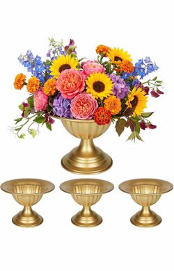 4pcs Gold Compote Vases, Trumpet Metal Urn Vase for Wedding Home Decor Gold Shallow Pedestal Bowl, Wide Mouth for Easy Planting, Ideal for Succulents