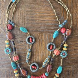 Treska 3 Strand Beaded necklace with Red, Gold, Turquoise and Brown