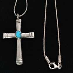 Navajo Sterling Silver Turquoise Cross Pendant Handmade On A 18" Sterling Silver Woven Chain Necklace Total Weight Of 11.9 Grams 