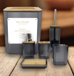 Amy Miller 6 Pc Black & Bamboo Tan Bath Accessories Set