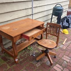 Solid Oak Mission Style Table And Swivel Chair