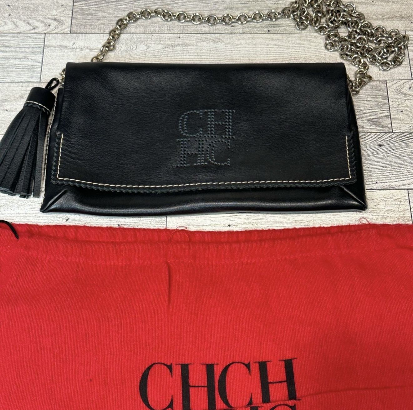 Carolina Herrera Triana Gold Chain Lambskin Black Leather Cross Body