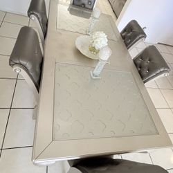 Modern Glam Dining Table Set w/ 6 Chairs – Glass & Silver Finish