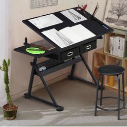 Drafting Table for Artists, Height Adjustable Drawing Desk Art/Craft Desk Diamond Paintings Work Station w/ 2 Storage Drawers and Stool for Home Offic
