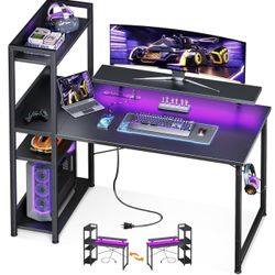 ODK Reversible Gaming Desk LED Lights, 40 Inch Computer Desk with Storage Shelves & Monitor Stand, Study Table for Home Office, Small Space Bedroom, C