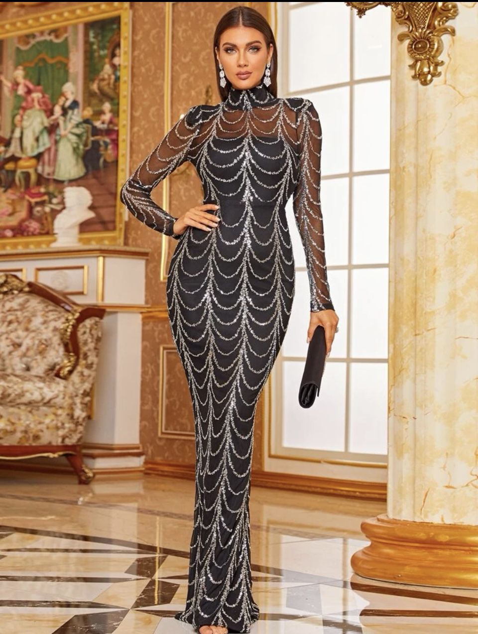 Sheer Mesh Sequin Black Dress 