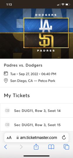 Two VIP Dugout Seats - Padres vs Dodgers tonight