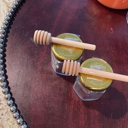 1.5 oz Glass Hexagon Jars Gold Lids Extra Wooden Honey Dipper Sticks