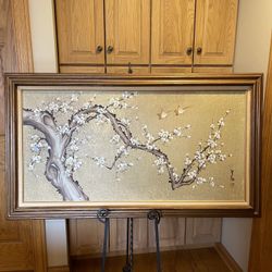 Antique Signed Japanese Birds And Cherry Blossoms Oil Painting