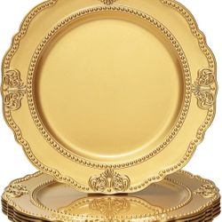 Brand New. 6 Gold Color Plastic Charger Plates, Scalloped 