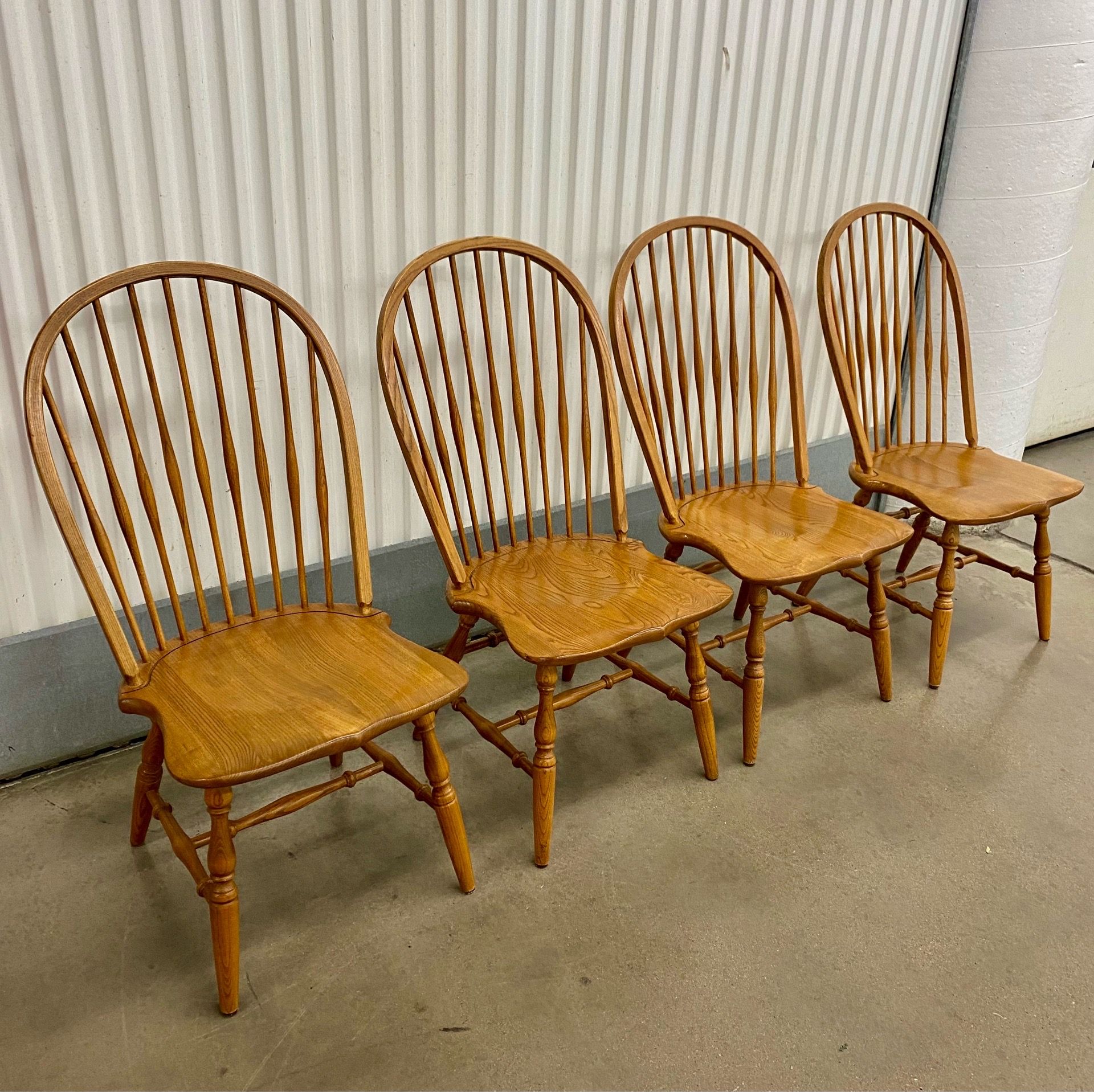 Vintage 1950’s Yugoslavian solid oak high spindle fan-back Windsor chairs (set of 4)