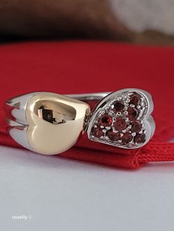 Sterling Silver 925 Double Heart Garnet Ring with 18K Yellow Gold Heart Size 8 👌🎁