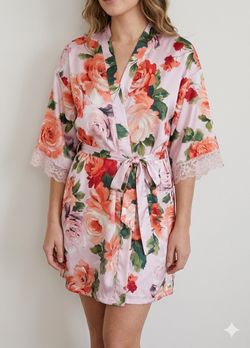 JOYSPUN Women's Floral Satin Kimono Robe Lace Trim Pink S (4-6) (CODE099)