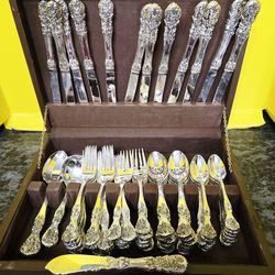 Vintage FB Rogers & Sons French Rose 63 Pc Flatware Set ( SILVER PLATED)with Wooden Case
