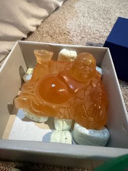 DAUM GOLDEN HAPPY BUDDHA AMBER ORANGE TONE PATE DE VERRE FIGURINE PAPERWEIGHT