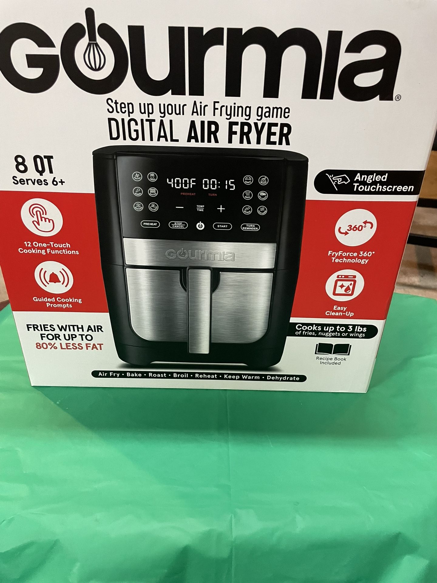 Gourmia Air Fryer Oven Digital Display 8 Quart Large AirFryer Cooker 12 Touch Cooking Presets, XL Air Fryer Basket 1700w Power Multifunction GAF856 Bl