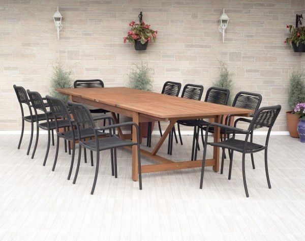 BRAND NEW FREE SHIPPING Rectangular Extendable Outdoor Furniture 11 Piece 100% FSC Certified Wood Whit Aluminum & Rope Chairs Dining Set