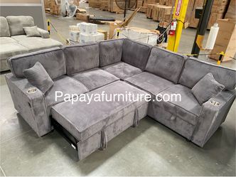 New 90” Sectional sofa with pull-out bed and storage. Upholstered by soft corduroy fabric, Sectional Sofa Bed, Sleeper Sofa, Pull-out Bed Couch, Sofa