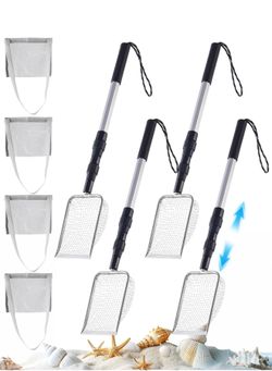 4Pcs Shark Tooth Sifter, with Seashell Bags, Beach Sand Scoop w/ Adjustable Handle 21"-35", Angled Mesh Head for Fast Sifting, Lightweight Aluminum & 