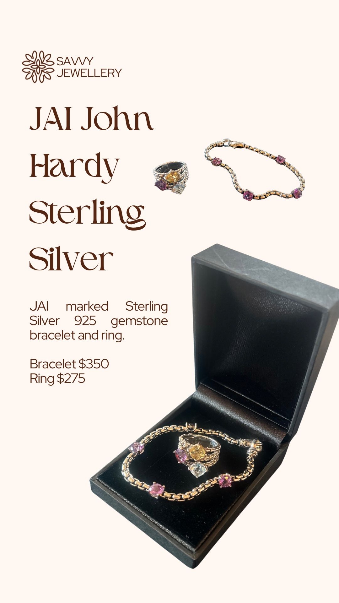 JAI Sterling Silver Gemstone Bracelet And Ring