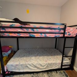 TWIN Black Metal Bunk Bed Frame With Built-in Ladder, Guardrail and Metal Slats