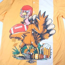 Men's Lg Turkey Beer Football Short Sleeve Hawaiian Shirt Thanksgiving Game Day 