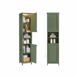 Tall Storage Cabinet with Lights, Slim, 11.8" W, Cloud green Freestanding, Adjustable Shelves, for Small Spaces, Bathroom, Living Room, Farmhouse, SOF