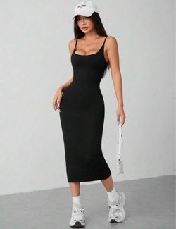 Women's Black Spaghetti Strap Midi Dress