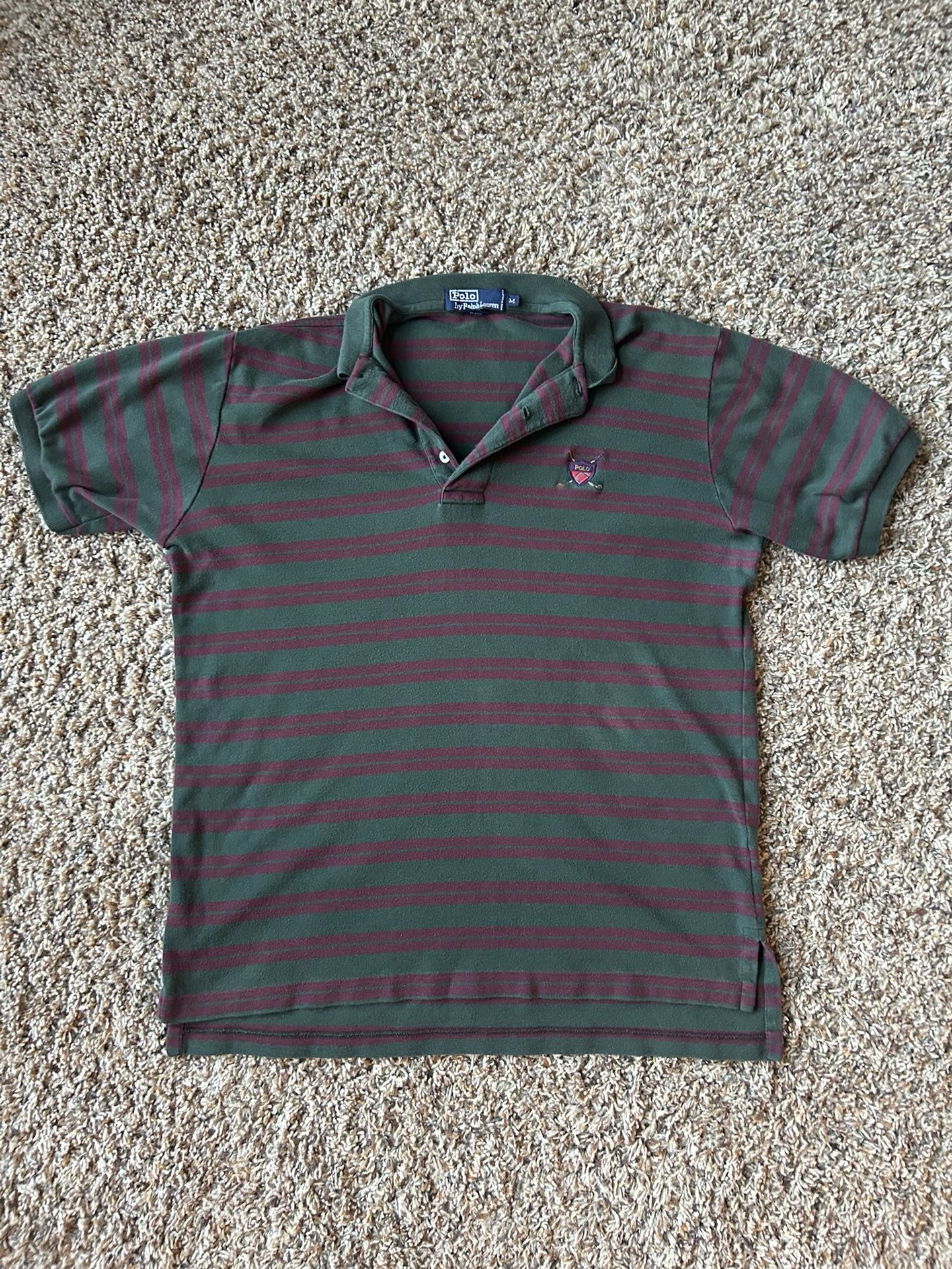 Polo Ralph Lauren Green and Red Striped Polo Shirt, 100% Cotton, Size Medium