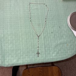 White Pearl Rosary Necklace with Silver Cross