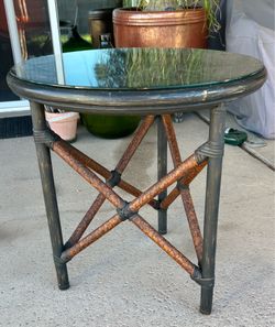Black Wicker & Rattan Side Table w/ Glass Top