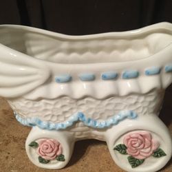 Planter Baby Carriage It's A Boy Gift Stroller Ceramic Vintage Roses Giftwares