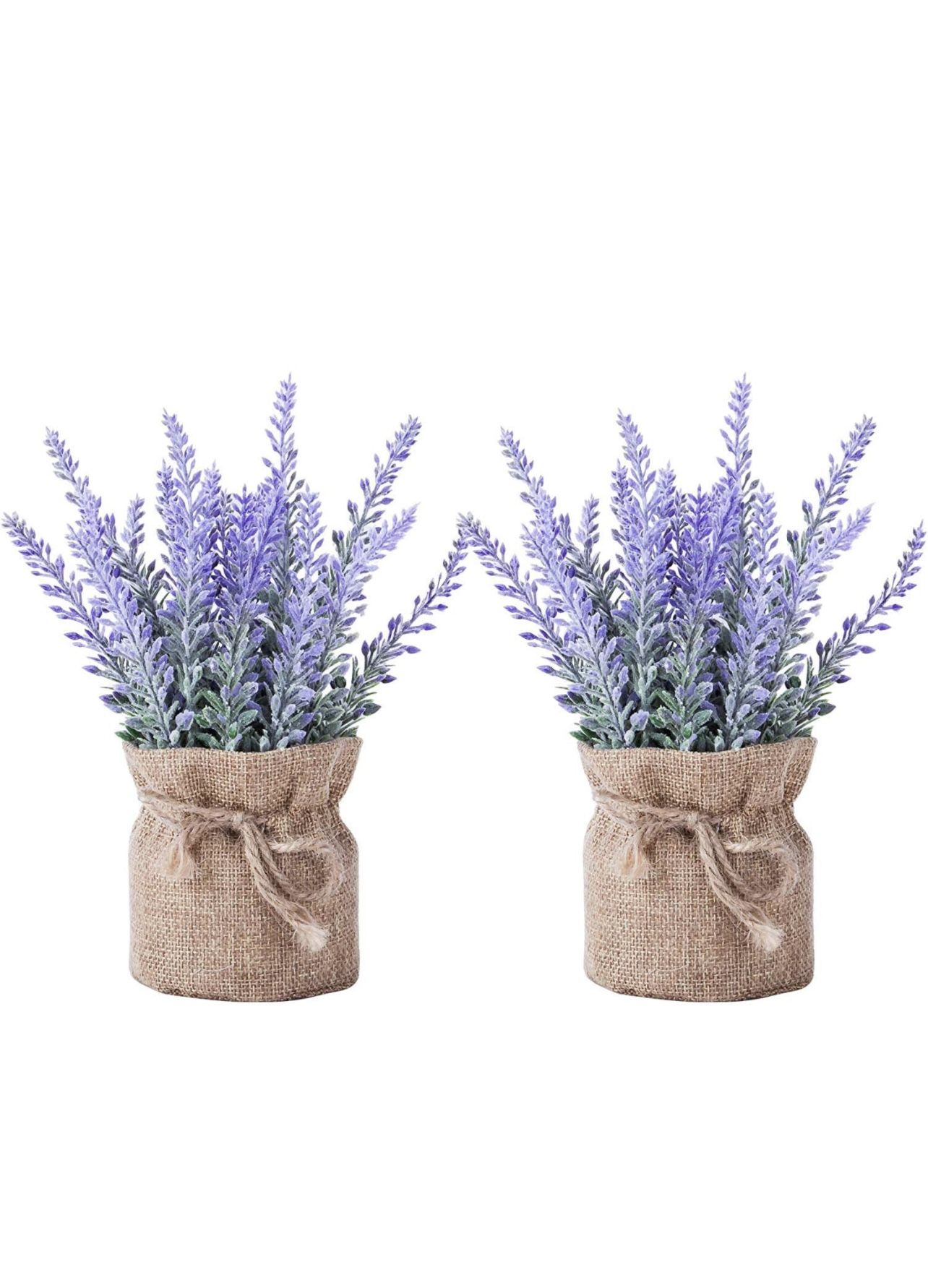 2 Pack Small Burlap Potted Lavender Flowers - Artificial Plants and Flocked Charming Purple for Warm and Loving Table Decor