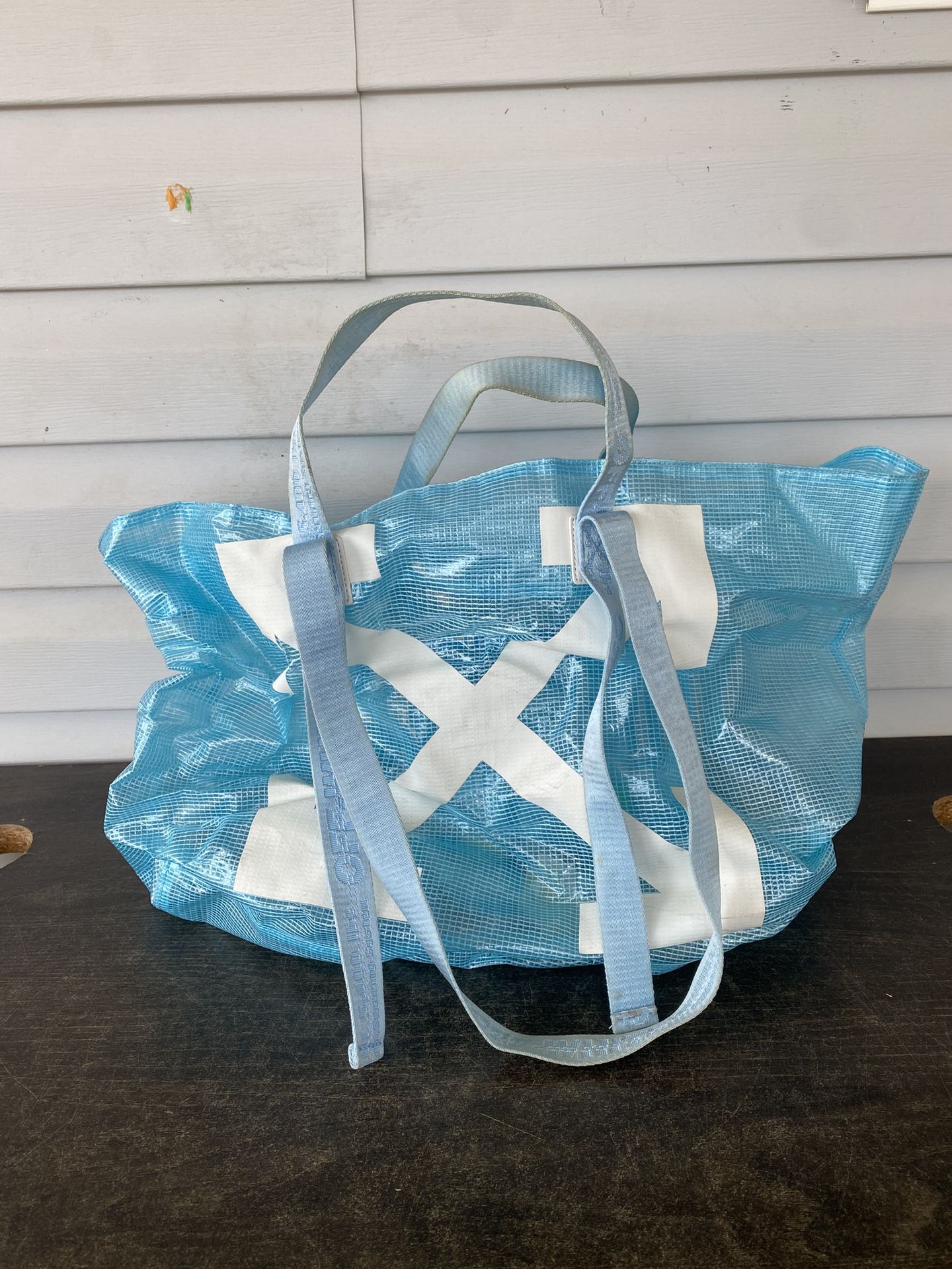 Off white canvas arrows blue commercial tote