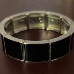 Silver and black enamel stretch bracelet vintage to now jewelry