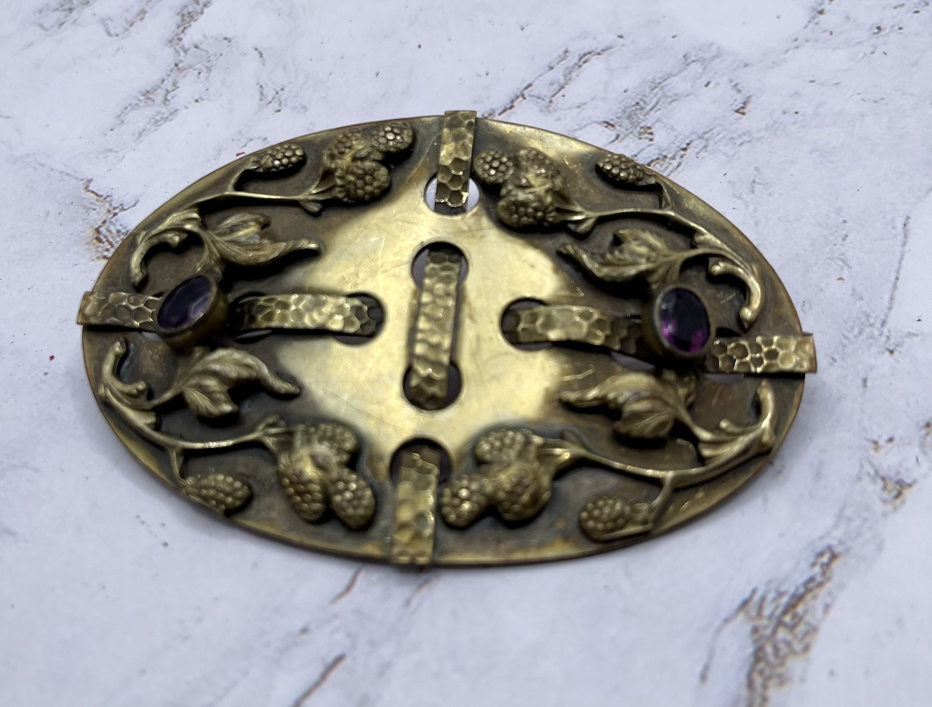 Antique  Victorian 1890s Brass Buckle Brooch With Amethyst Stones