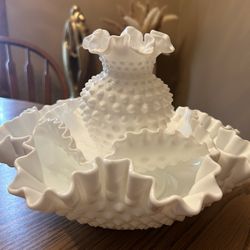 Fenton hobnail milk glass - lot of 3 - fruit bowl footed bowl & vase
