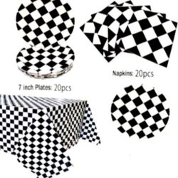 Checkered Racecar Themed Birthday Party Cake Plates Napkins and Tablecloth